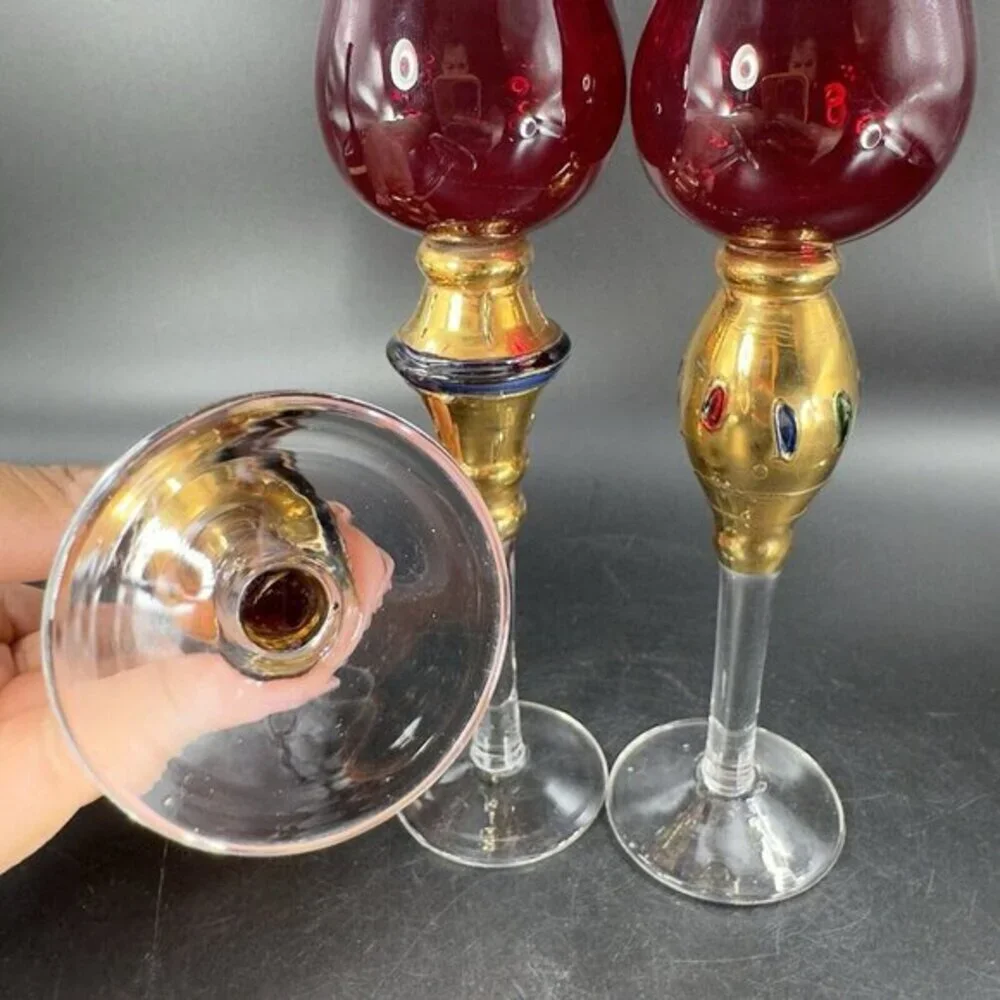 Bombay Company Romanov Ruby Gold Long Stem Cordial Glasses Cadmium UV Glow Set 3